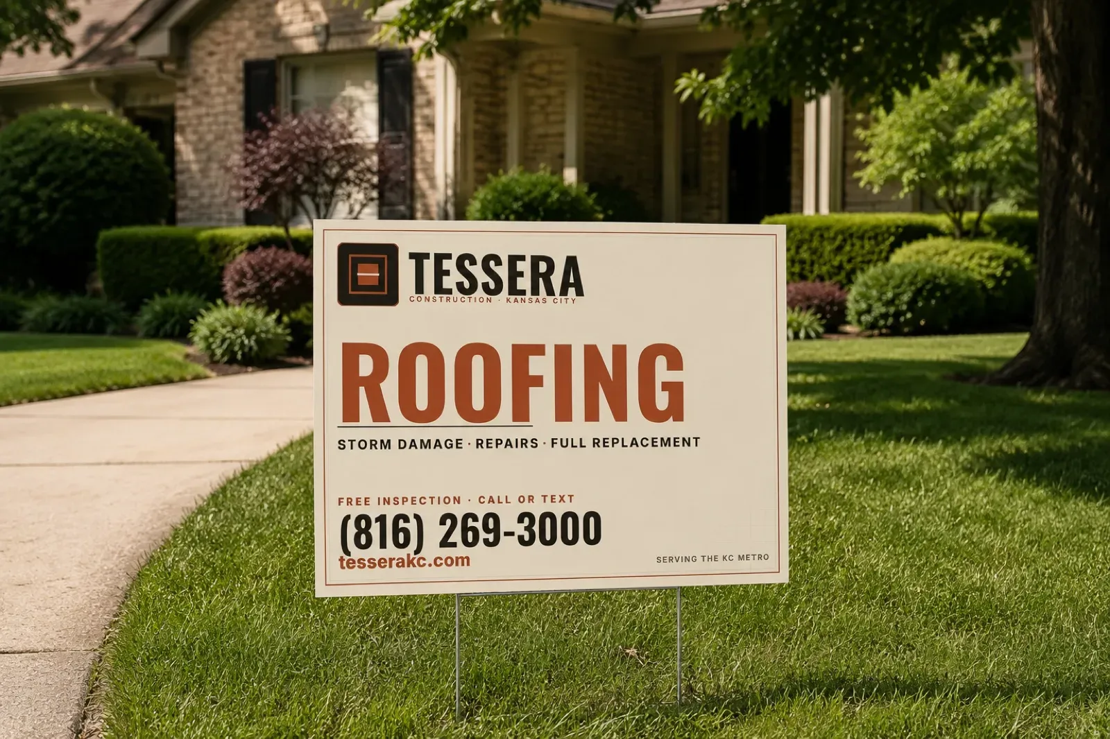 Tessera Roofing yard sign in front of a brick home in the Kansas City metro