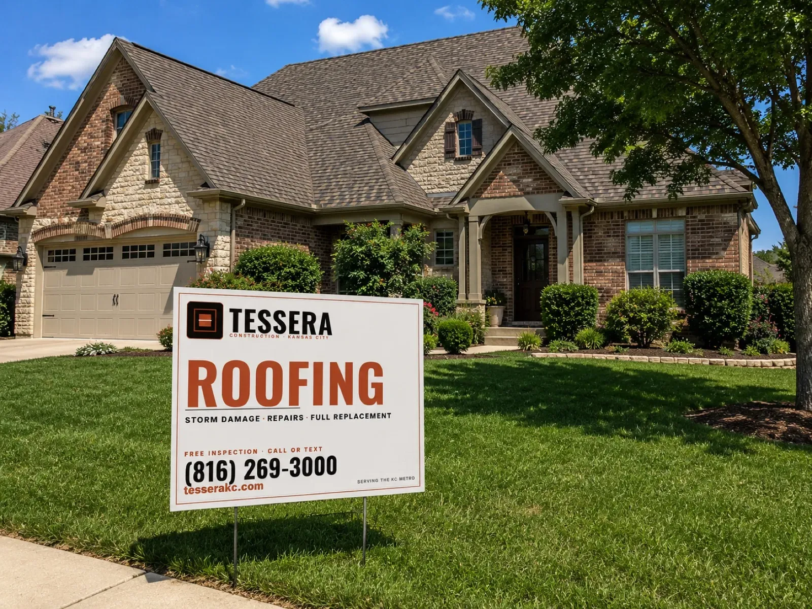 Tessera Roofing yard sign in front of a stone-and-brick home with a steep multi-gable shingle roof in the Kansas City metro