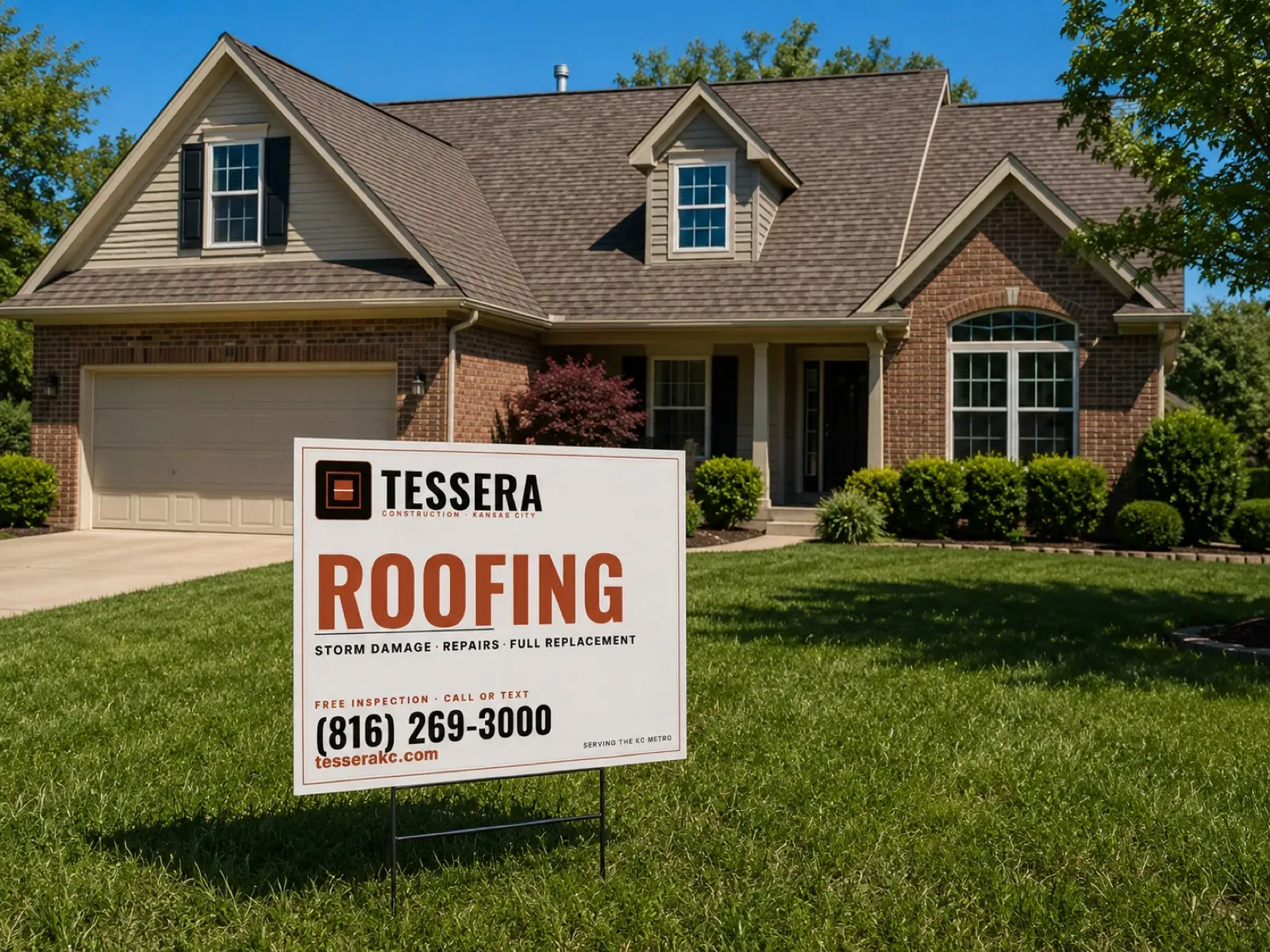 Tessera Roofing yard sign in front of a two-story brick home in the Kansas City metro